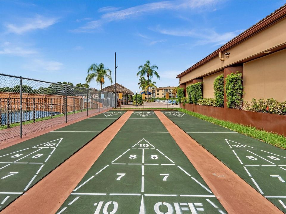 Outdoor shuffleboard court featuring a paved surface with painted game markings, perimeter chain-link fencing, and raised planter beds