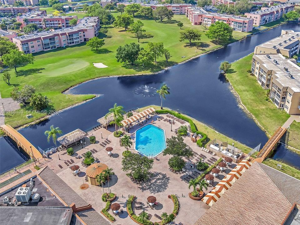Aerial perspective featuring an outdoor pool with a water feature, paved terrace with a pergola, mature palm trees, and a canal waterfront
