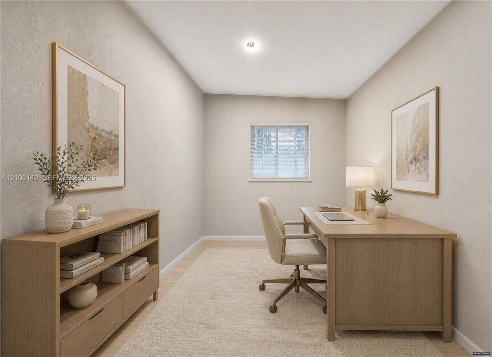 Neutral-toned interior space featuring light-colored wall-to-wall carpeting, a single-pane rectangular window, and recessed ceiling lighting
