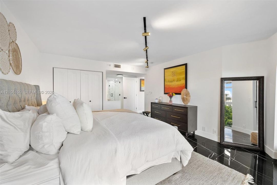 Glossy black tile flooring, linear track lighting, and built-in closet storage