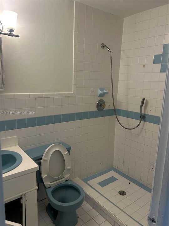Bathroom featuring a tiled shower enclosure with handheld showerhead, wall-mounted light fixture, and vanity with integrated basin