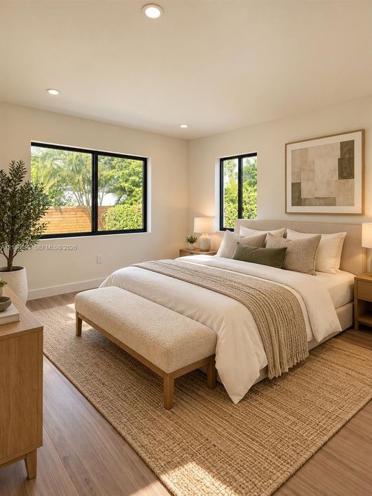Bedroom featuring wood-finish flooring, recessed lighting, and black-framed windows