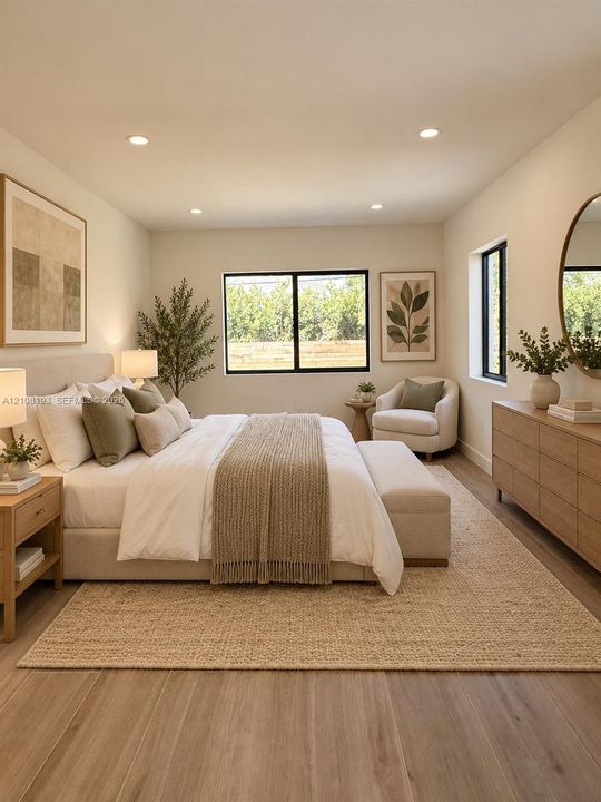 Neutral-toned interior featuring wood-finish flooring, recessed lighting, and black-framed windows