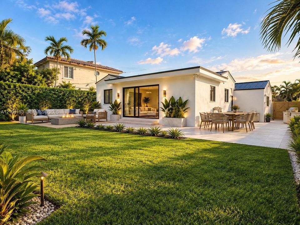 Stucco exterior featuring expansive sliding glass doors, a stone patio, manicured lawn, and perimeter hedging