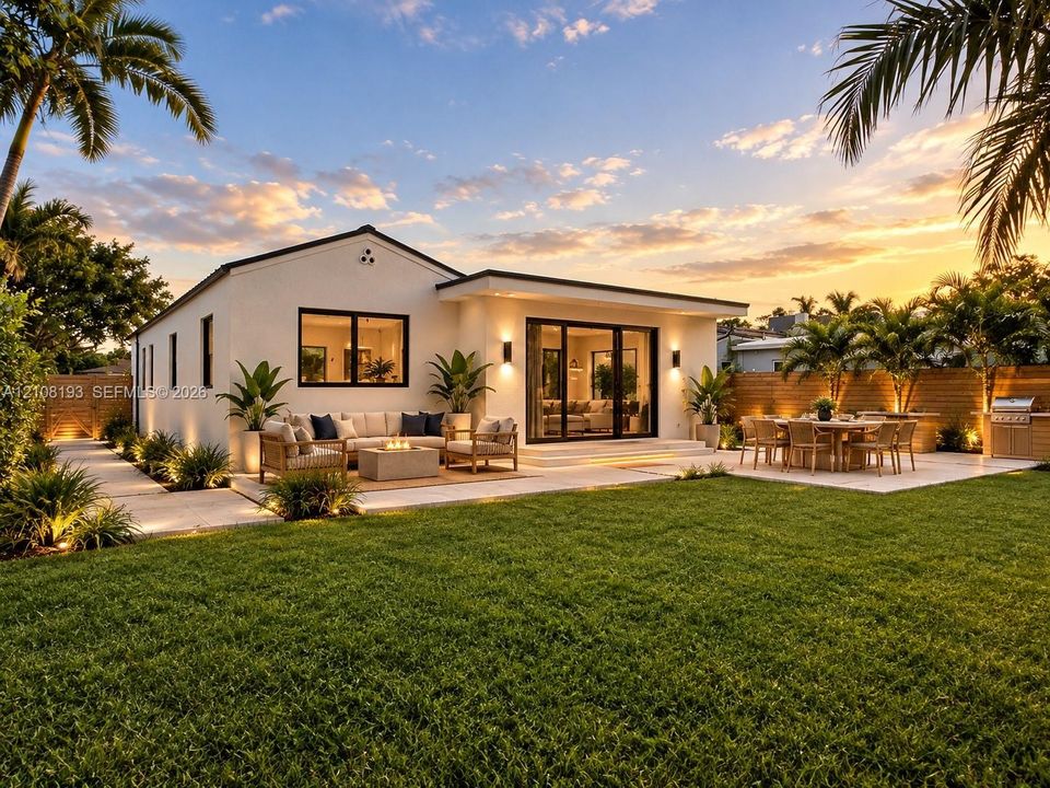 Stucco exterior featuring multi-panel sliding glass doors, an expansive paved patio, custom hardscaping, and integrated outdoor lighting