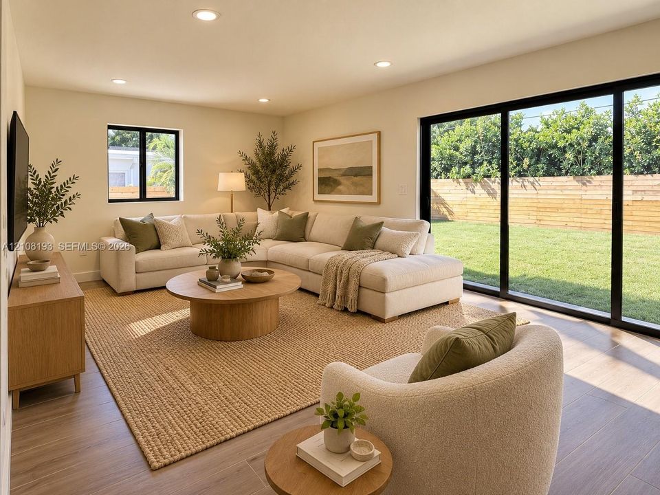 Living area featuring wood-finish flooring, recessed lighting, and expansive floor-to-ceiling sliding glass doors opening to a fenced backyard
