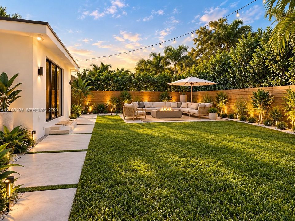 Landscaped backyard featuring a manicured lawn, horizontal wood perimeter fencing, concrete paver pathway, and integrated low-voltage landscape lighting