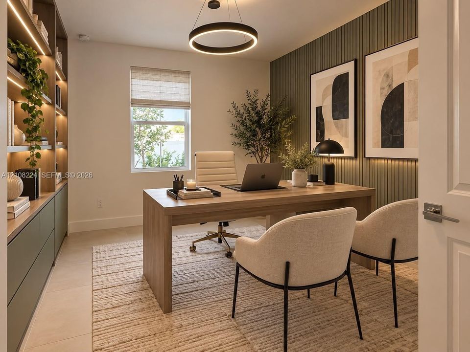 Built-in cabinetry with integrated LED lighting, vertical paneled accent wall, modern circular pendant fixture, and single-hung window with roller shade