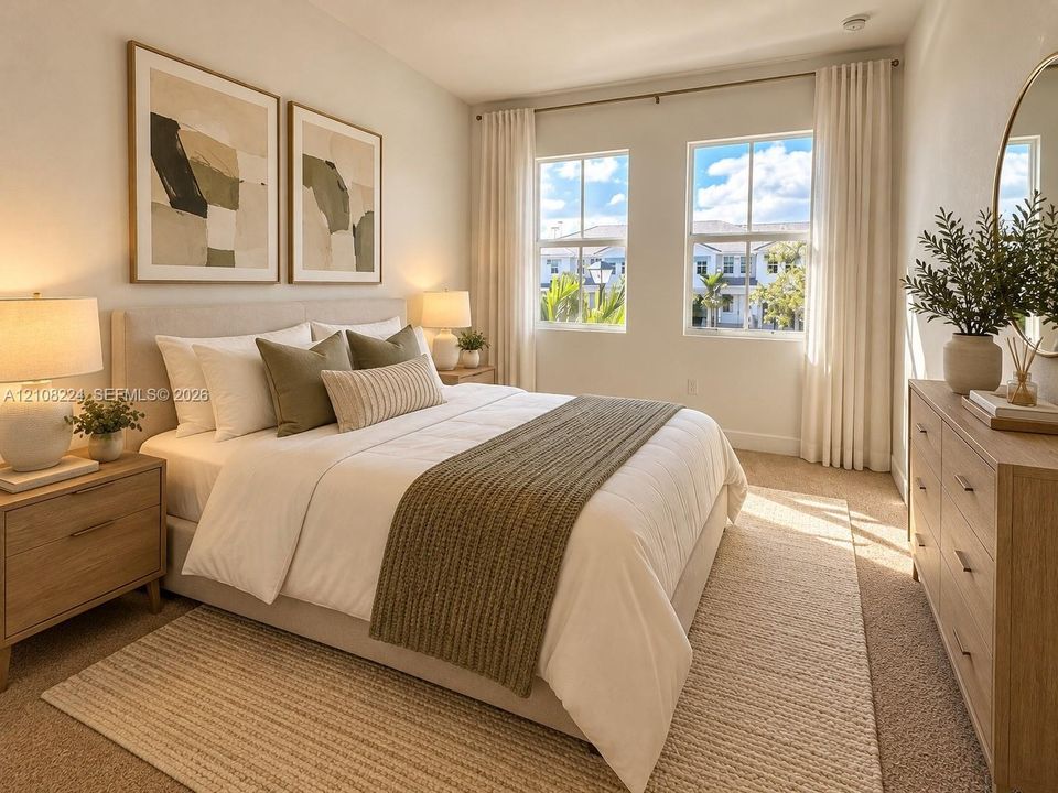 Neutral-toned walls, twin grid-pane windows with integrated curtain rods, and wall-to-wall carpeting