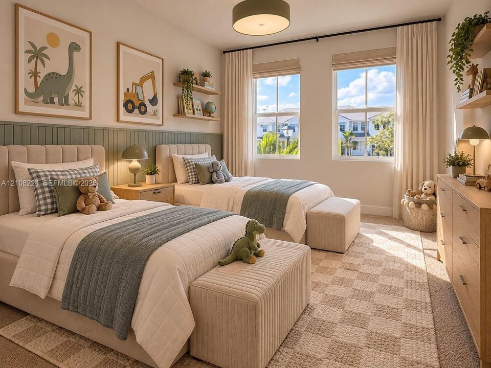 Bedroom featuring vertical wainscoting, dual windows with wall-mounted curtain rods, floating shelving, and neutral-toned wall-to-wall carpeting