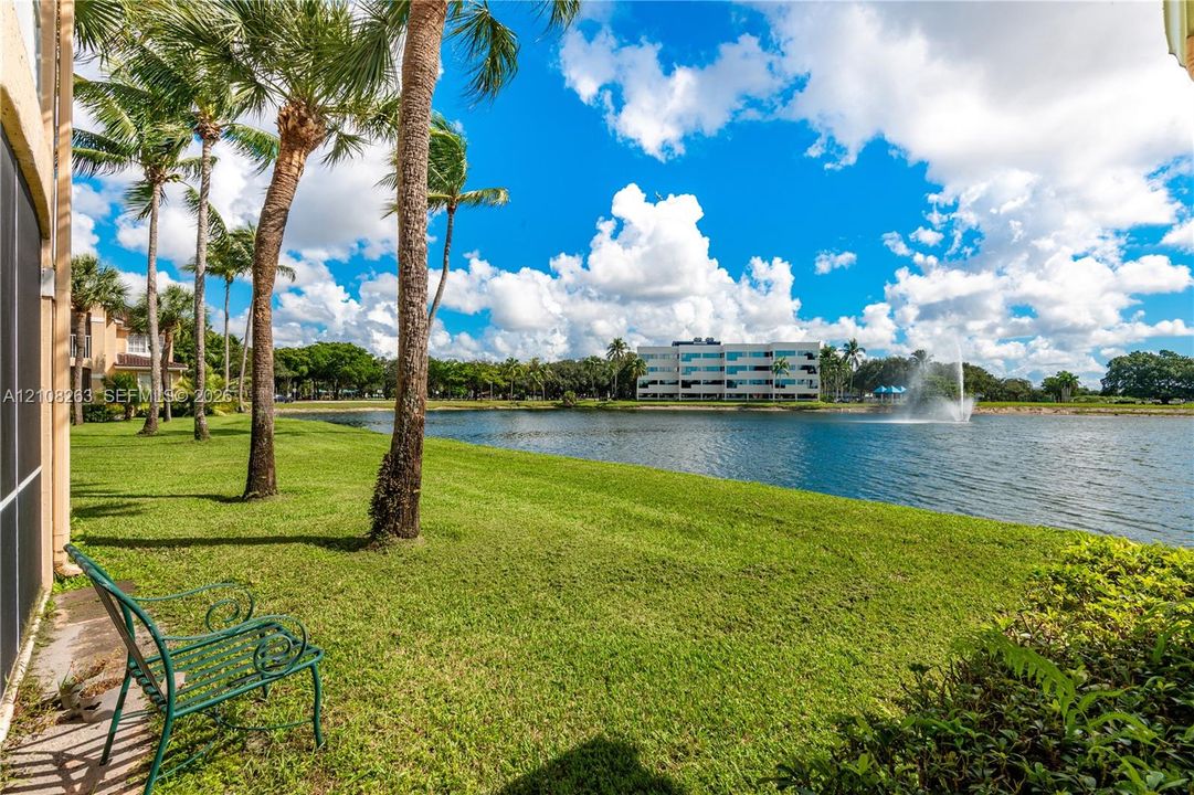 Waterfront lawn featuring mature palm trees and a fountain