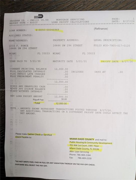 Mortgage Servicing Loan Payoff Statement. Itemizing the balance and remittance instructions for the property