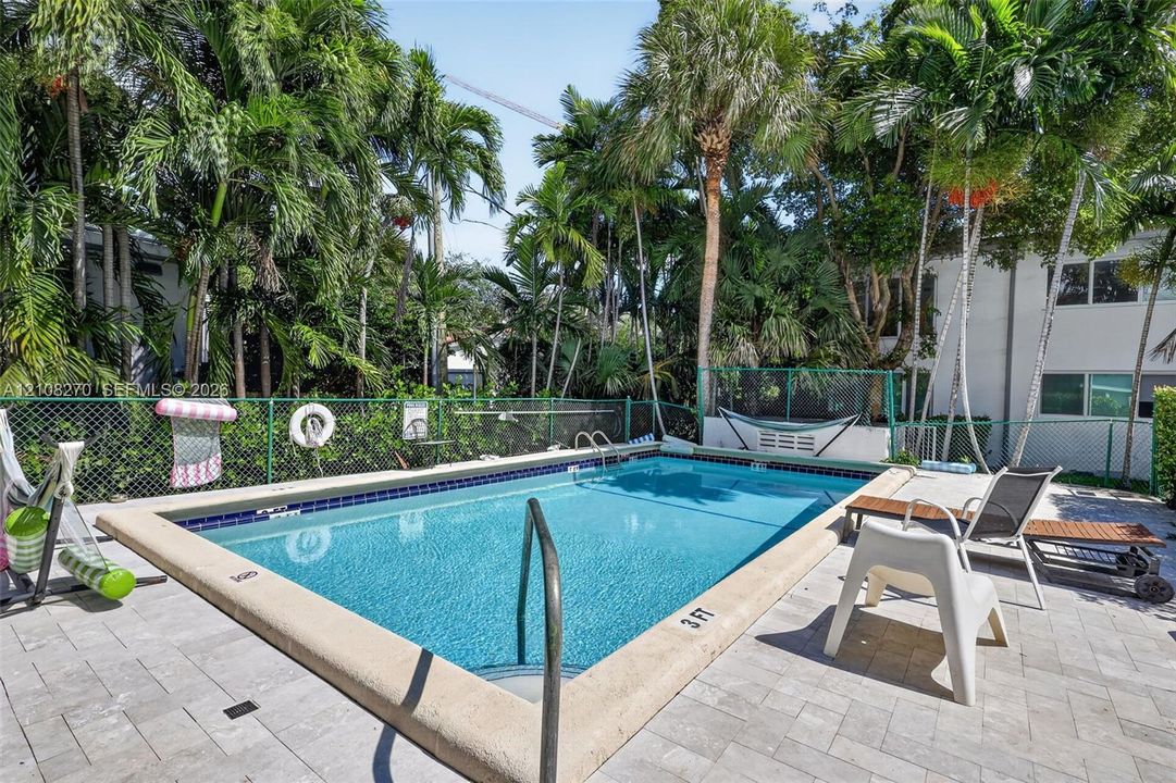 Rectangular swimming pool featuring a tile border and metal grab rails, surrounded by a paved patio and enclosed by perimeter fencing with mature palm trees
