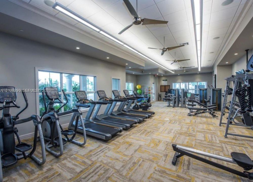 Fitness center featuring linear ceiling lighting, multiple ceiling fans, large-format windows, and patterned carpeted flooring