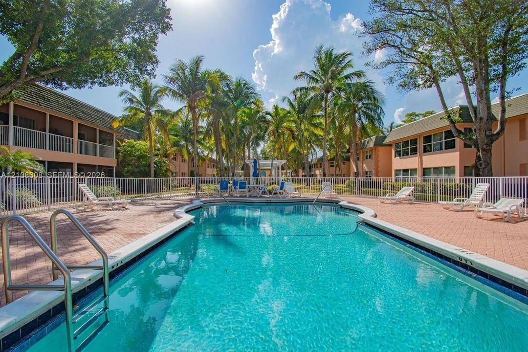 Swimming pool with a paved deck, metal perimeter fencing, and mature palm trees