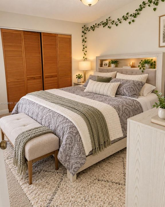 Interior space featuring louvered wood-finish closet doors and neutral carpeting