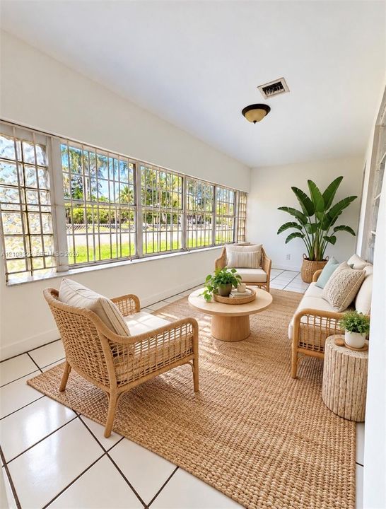 Enclosed space featuring large, grid-patterned casement windows, white ceramic tile flooring, and a flush-mount ceiling fixture