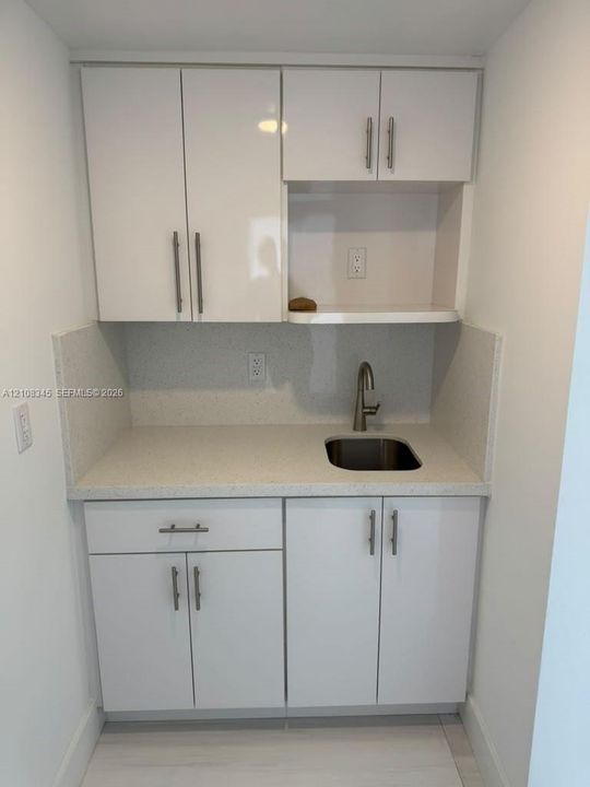 Built-in cabinetry featuring a high-gloss finish, solid-surface countertop, stainless steel drop-in sink, high-arc faucet, and brushed metal hardware