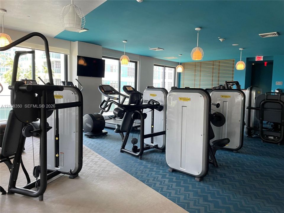 Fitness center featuring a variety of professional-grade exercise equipment, geometric patterned carpet, recessed and pendant lighting, and floor-to-ceiling windows
