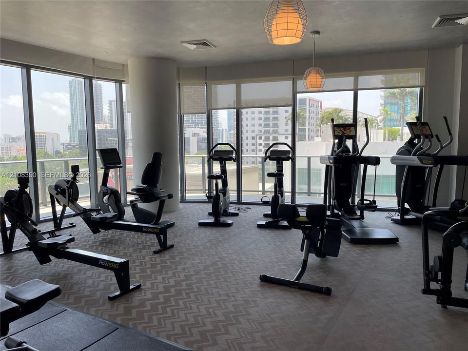 Fitness room featuring floor-to-ceiling windows, roller shades, patterned carpeting, and spherical pendant lighting