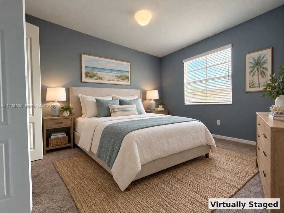 Bedroom featuring neutral carpeting, blue-toned walls, a single-hung window with horizontal blinds, and a semi-flush mount ceiling fixture