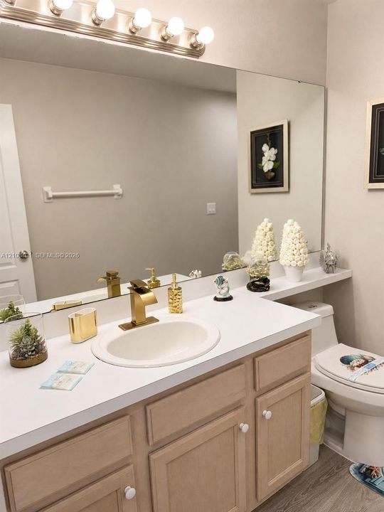 Bathroom vanity featuring a light-tone wood cabinet, integrated countertop with an oval basin, brass-finish faucet, and a wall-mounted light fixture