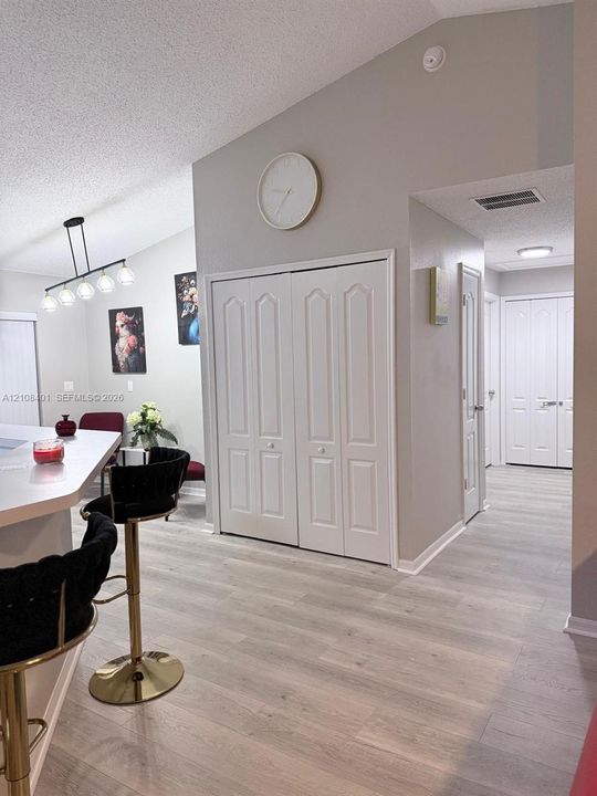Vaulted ceilings, wood-finish flooring, white paneled closet doors, and a multi-pendant light fixture over a breakfast bar