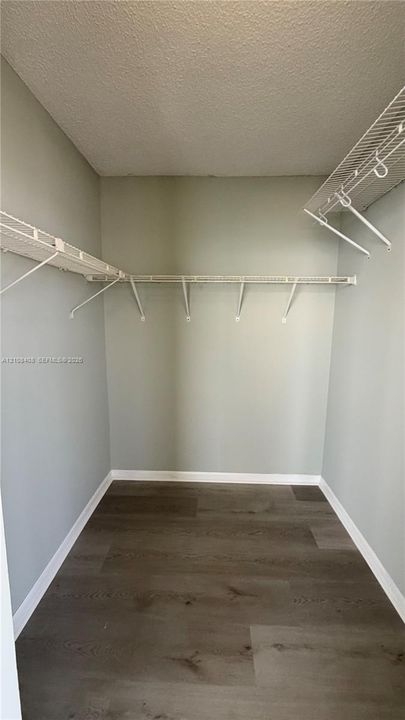 Walk-in closet featuring wood-finish flooring and white wire shelving
