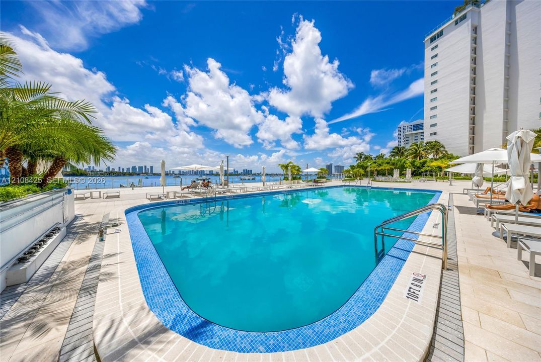 Waterfront swimming pool featuring a tiled waterline, metal handrails, and a surrounding paved deck