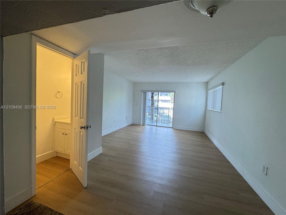 Interior space featuring wood-finish flooring, sliding glass balcony door, ceiling-mounted light fixture, and built-in bathroom vanity