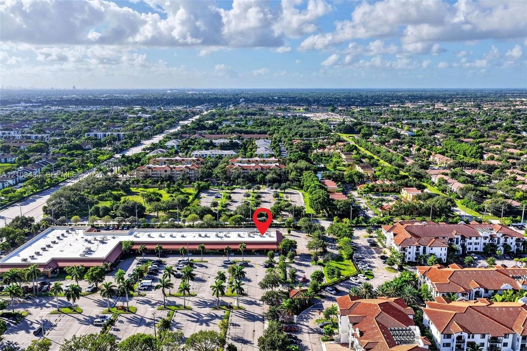 Aerial perspective of a multi-unit commercial structure featuring a flat roofline, integrated parking area, and mature palm tree landscaping