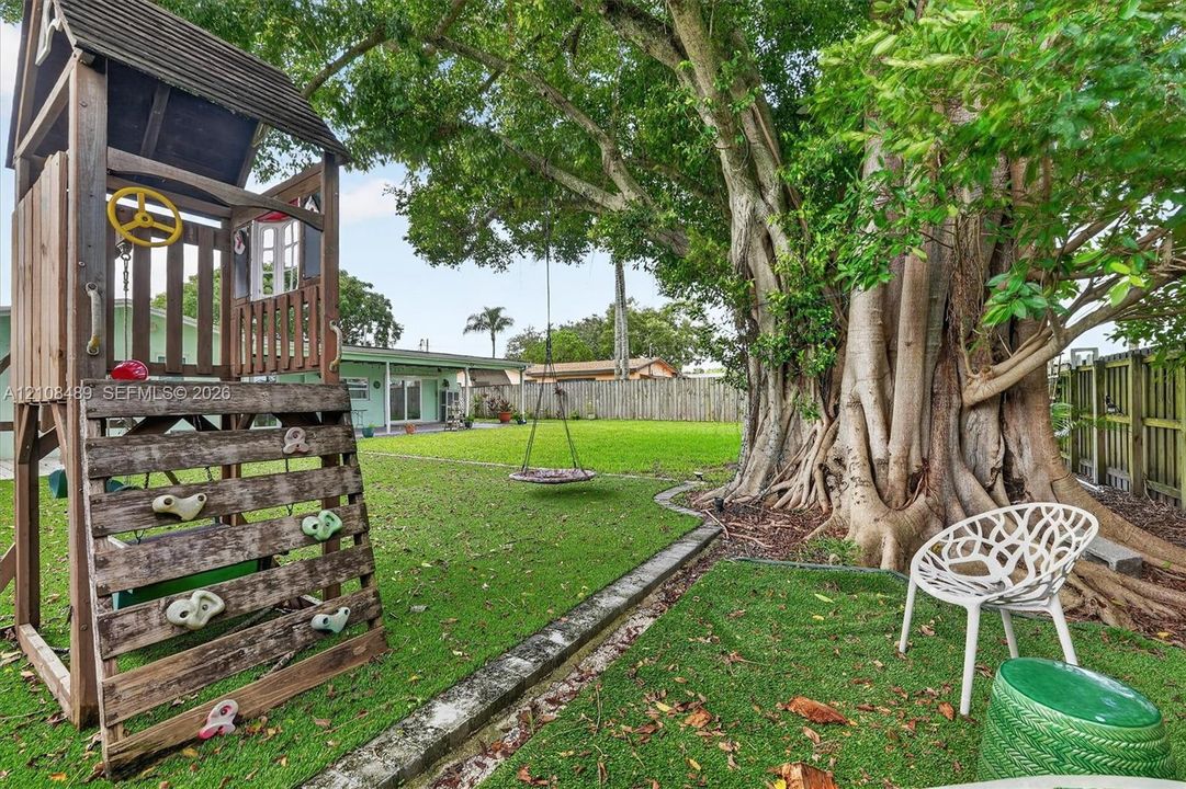 Expansive backyard featuring a mature canopy tree, wood-frame play structure, perimeter wood fencing, and concrete edging