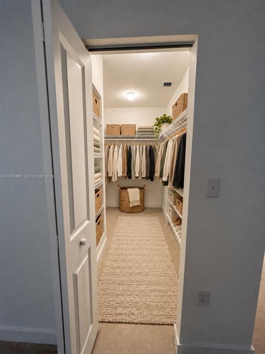 Walk-in storage space featuring built-in shelving, wire racking, and a flush-mount ceiling light
