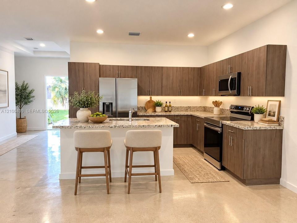 Kitchen featuring wood-finish cabinetry, stone-surface countertops, stainless steel appliances, under-cabinet lighting, and polished concrete flooring
