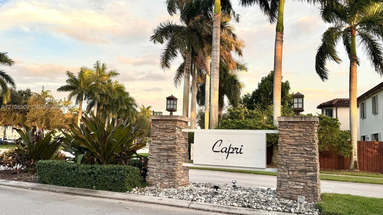 Community entrance featuring stacked stone pillars, decorative post-top lighting, and mature palm tree landscaping