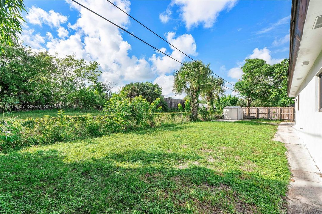 Spacious backyard featuring a grass lawn, mature palm trees, perimeter wood fencing, and a detached storage shed