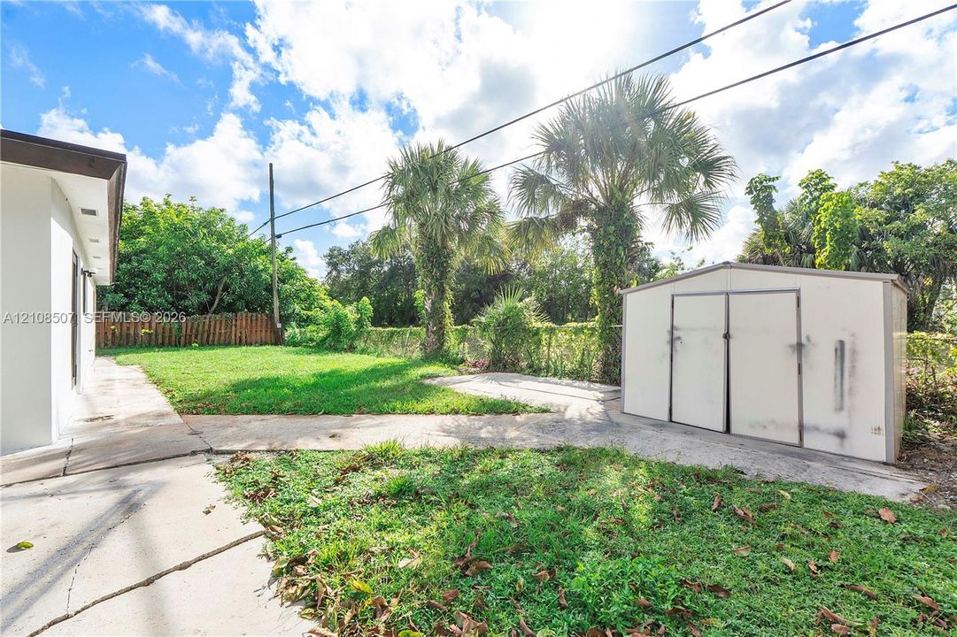 Rear exterior featuring a concrete patio, freestanding storage shed, open lawn space, perimeter fencing, and mature palm trees