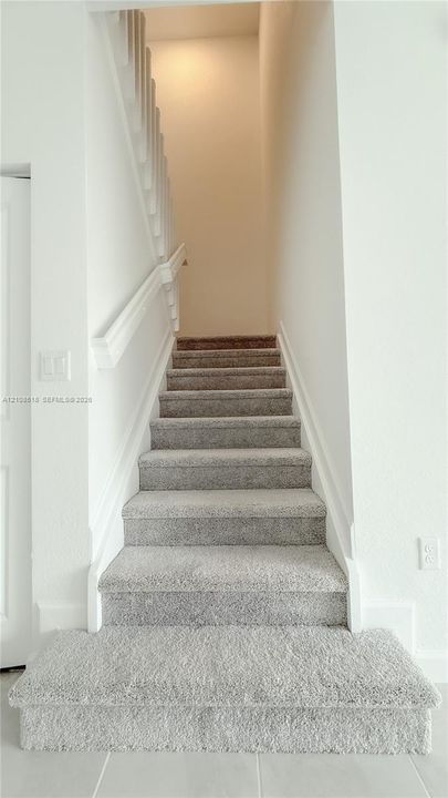 Staircase featuring neutral-tone carpeting, white painted wooden handrails, and white millwork