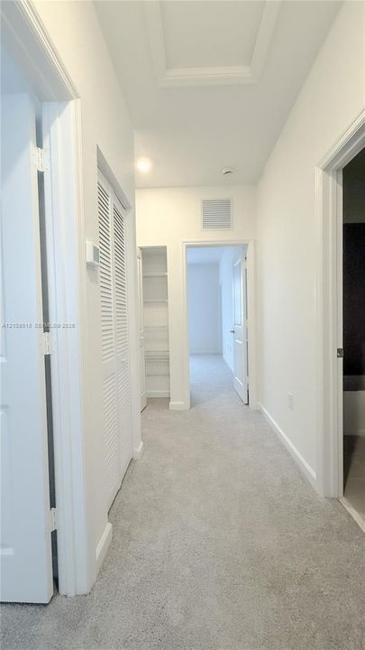 Interior corridor featuring wall-to-wall carpeting, louvered closet doors, and built-in shelving
