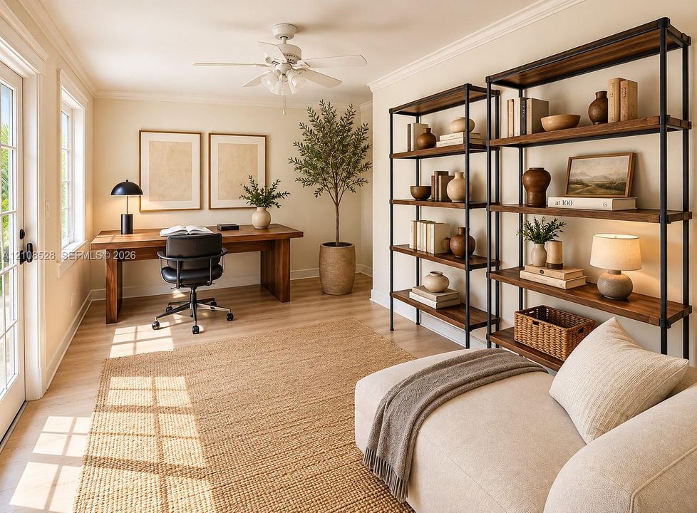 Room featuring wood-finish flooring, a ceiling fan with integrated lighting, dual window installations, and a glass-paneled exterior door