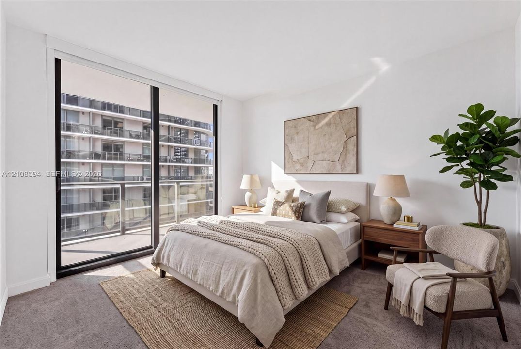 Floor-to-ceiling sliding glass door, private balcony, neutral wall-to-wall carpeting, and bright interior finish