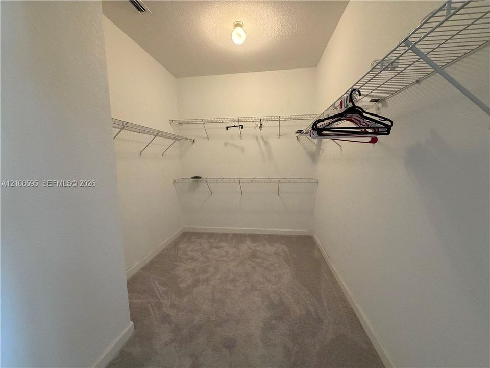 Walk-in storage space featuring neutral carpeting and multi-tier wire shelving
