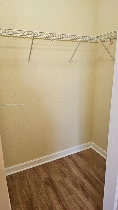 Walk-in storage featuring wood-finish flooring and integrated wire shelving