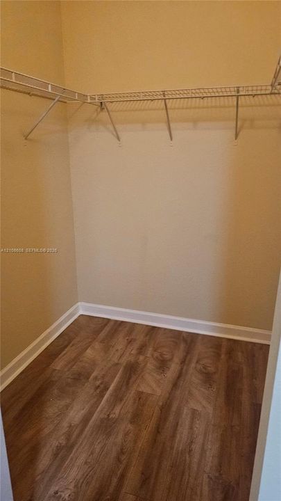 Walk-in storage space featuring wood-finish flooring and integrated wire shelving