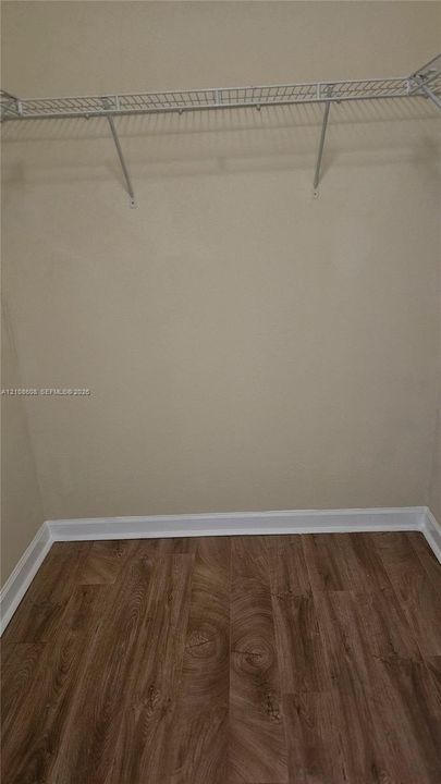 Walk-in closet featuring wire shelving and wood-finish flooring