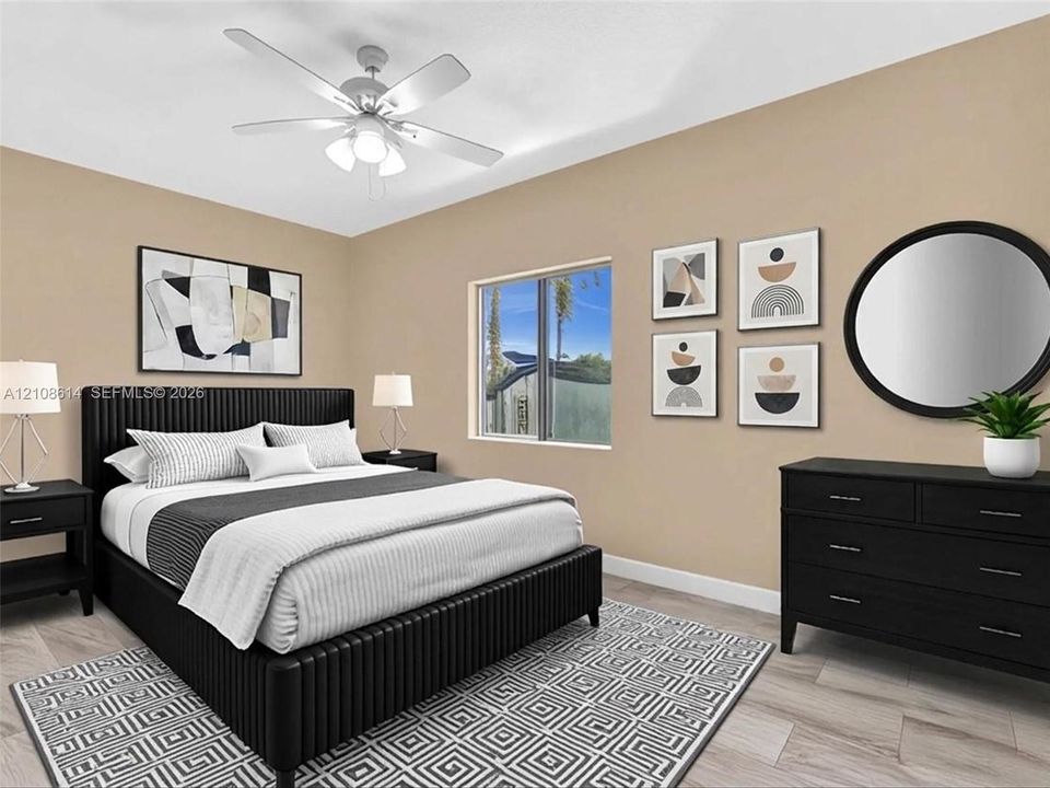 Neutral interior with light-toned wood-finish flooring, white ceiling fan with integrated lighting, and slider-style window