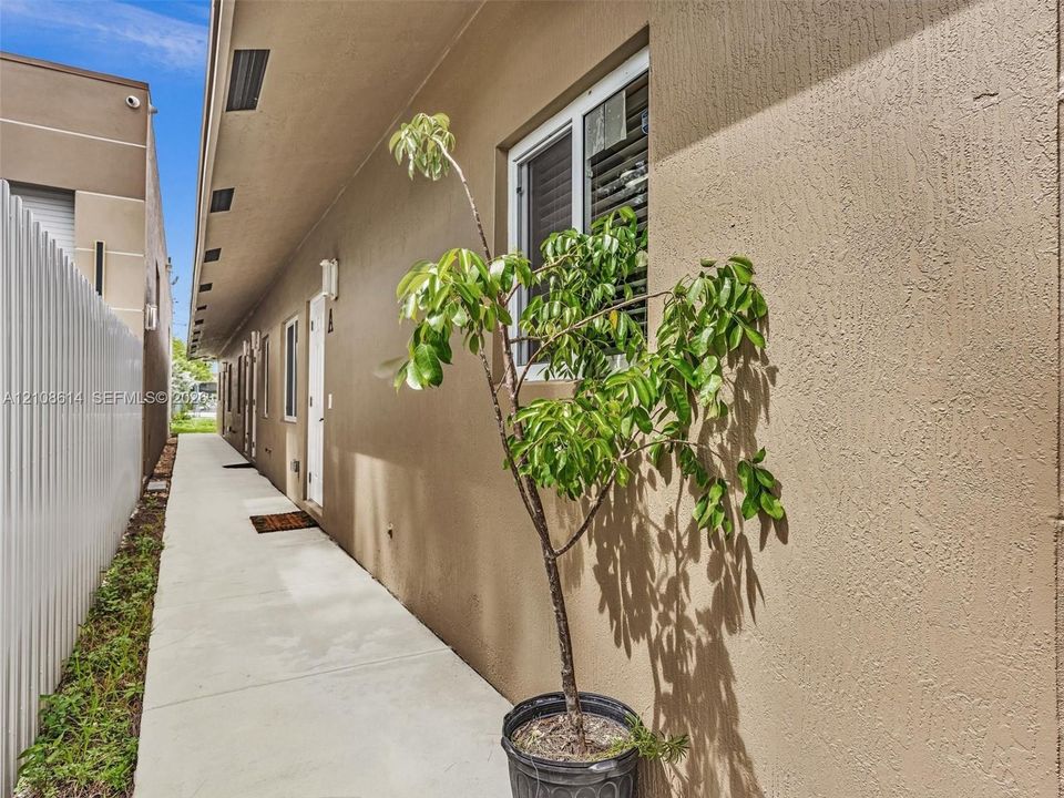 Stucco exterior siding, concrete walkway, and white-framed windows featuring integrated shutters
