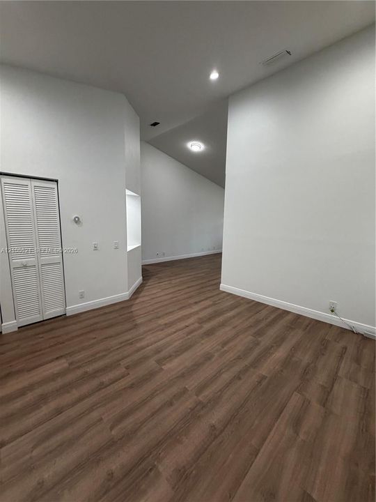 Interior space featuring vaulted ceilings, wood-finish flooring, recessed lighting, and a built-in wall niche with closet storage