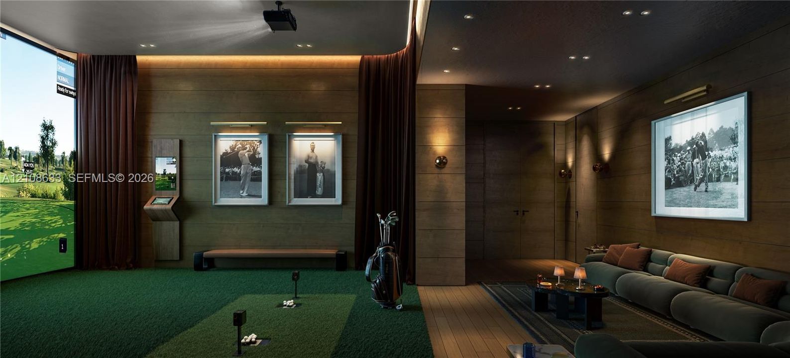 Wood-paneled walls, recessed ceiling lighting, wall-mounted display fixtures, and artificial turf flooring