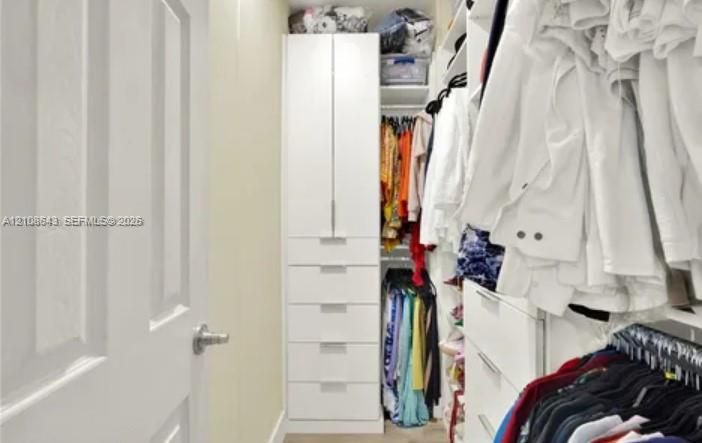 Walk-in closet featuring white built-in cabinetry, floor-to-ceiling storage, tiered shelving, and integrated drawers
